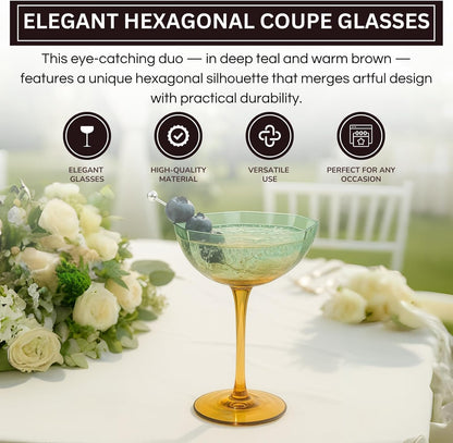 Khen Hexagonal Coupe Glasses Elegant Break Resistant  - Set of 2 Teal + Brown