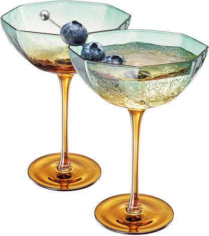 Khen Hexagonal Coupe Glasses Elegant Break Resistant  - Set of 2 Teal + Brown