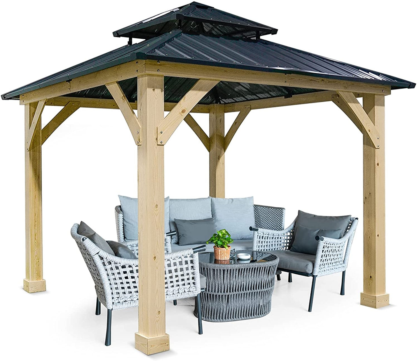 10' x 10' FT Patio Pine Wood Hardtop Gazebo with Double Steel Roof for Outdoor