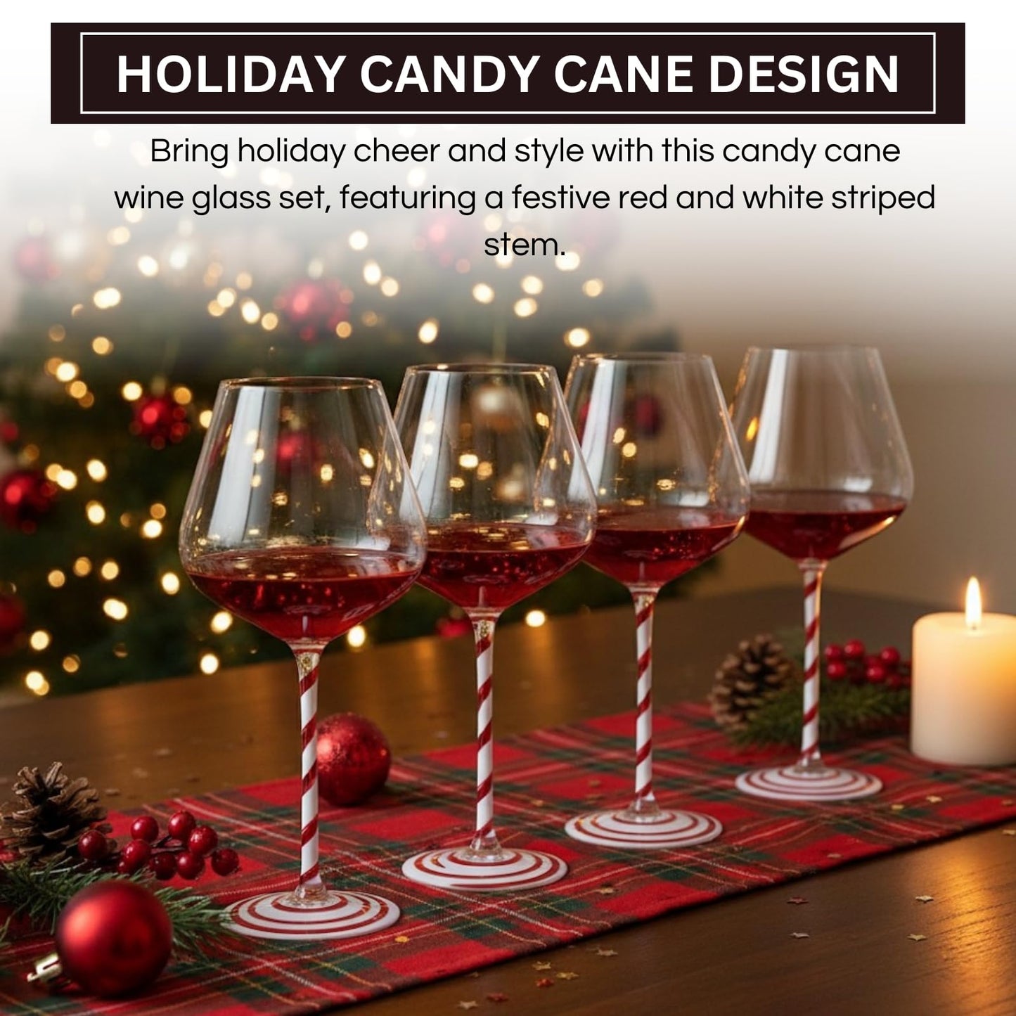 Khen Holiday Candy Cane Wine Glasses Set of 2 Santa Red White Striped