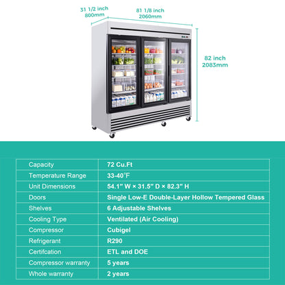 72 Cu.Ft Triple-Door Stainless Steel Commercial Reach-In Display Refrigerator