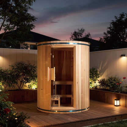 Thermora Barcelona Premium 78-Inch 4-Person Cedar Wood Outdoor Vertical Barrel Sauna with 6KW Heater, LED Lights and Stones