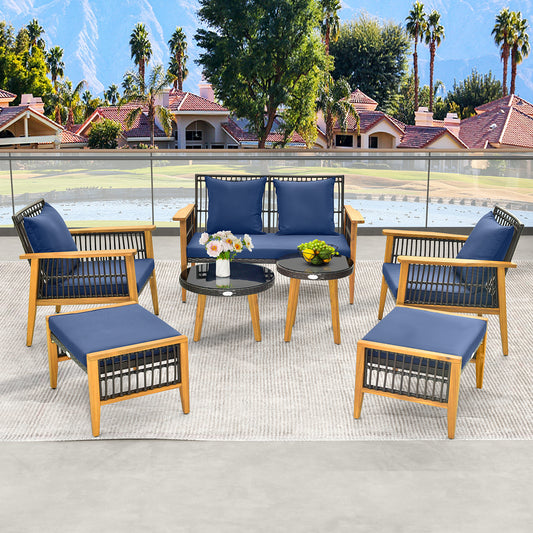 7 Piece Outdoor Conversation Set with Stable Acacia Wood Frame Cozy Seat & Back Cushions - Navy