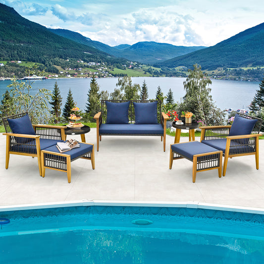 7 Piece Outdoor Conversation Set with Stable Acacia Wood Frame Cozy Seat & Back Cushions - Navy