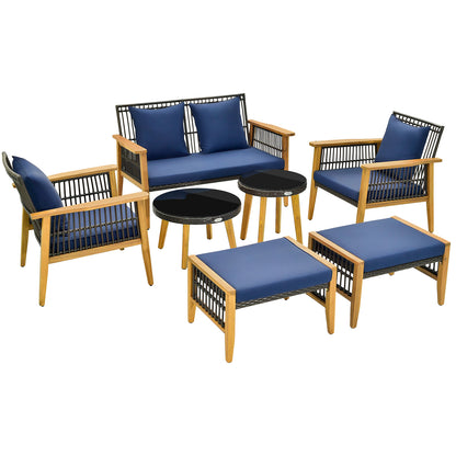 7 Piece Outdoor Conversation Set with Stable Acacia Wood Frame Cozy Seat & Back Cushions - Navy