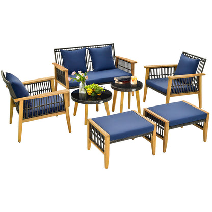 7 Piece Outdoor Conversation Set with Stable Acacia Wood Frame Cozy Seat & Back Cushions - Navy