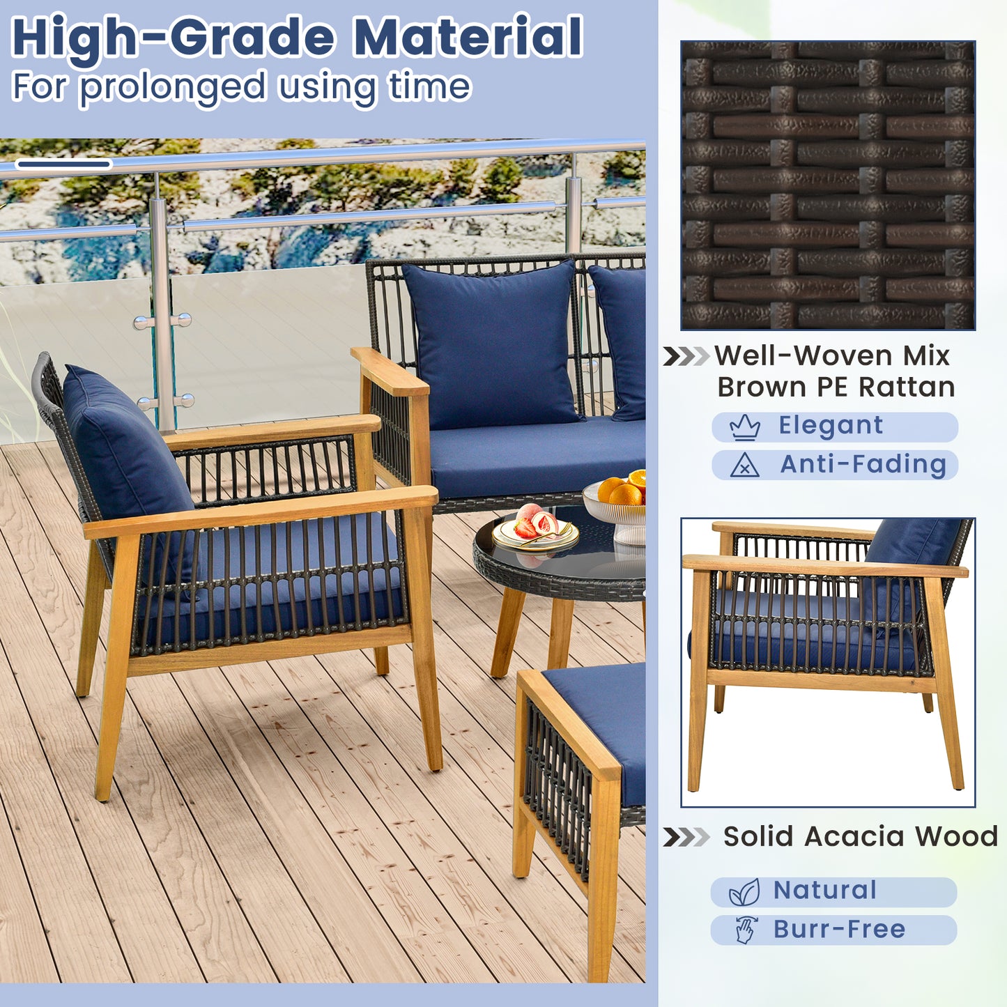7 Piece Outdoor Conversation Set with Stable Acacia Wood Frame Cozy Seat & Back Cushions - Navy
