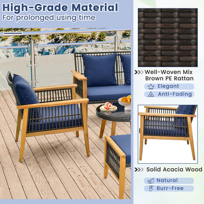 7 Piece Outdoor Conversation Set with Stable Acacia Wood Frame Cozy Seat & Back Cushions - Navy