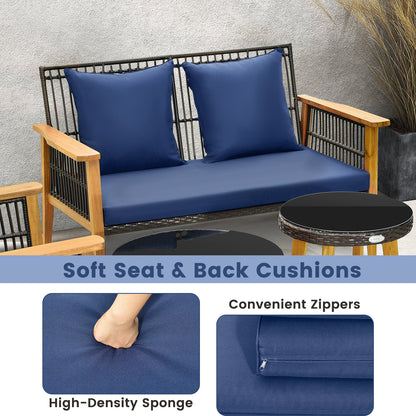7 Piece Outdoor Conversation Set with Stable Acacia Wood Frame Cozy Seat & Back Cushions - Navy
