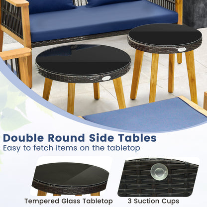 7 Piece Outdoor Conversation Set with Stable Acacia Wood Frame Cozy Seat & Back Cushions - Navy