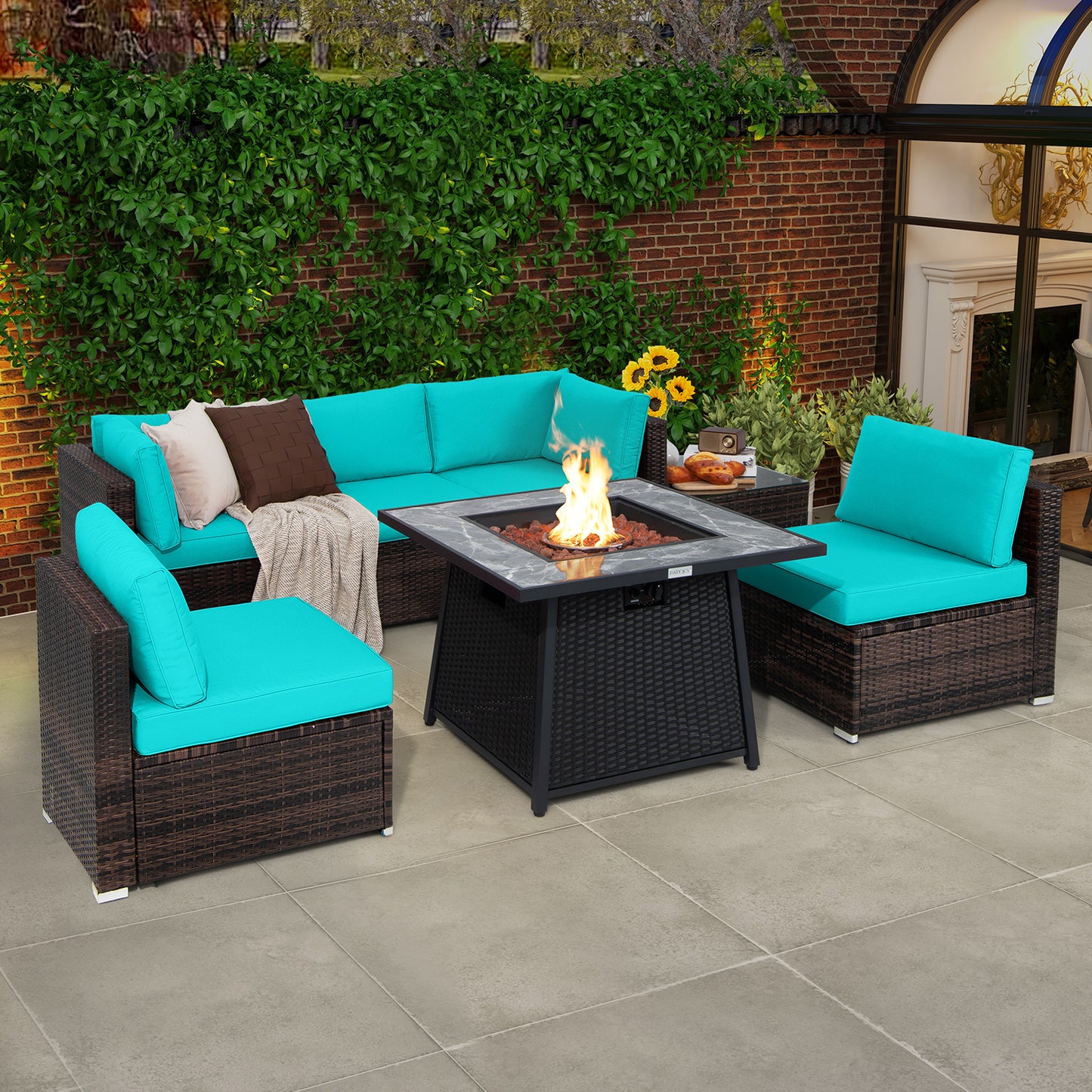 7 Pieces Patio Furniture Set with 35 Inches 50K BTU Propane Gas Fire Pit Table and Waterproof Cover for Fire Pit