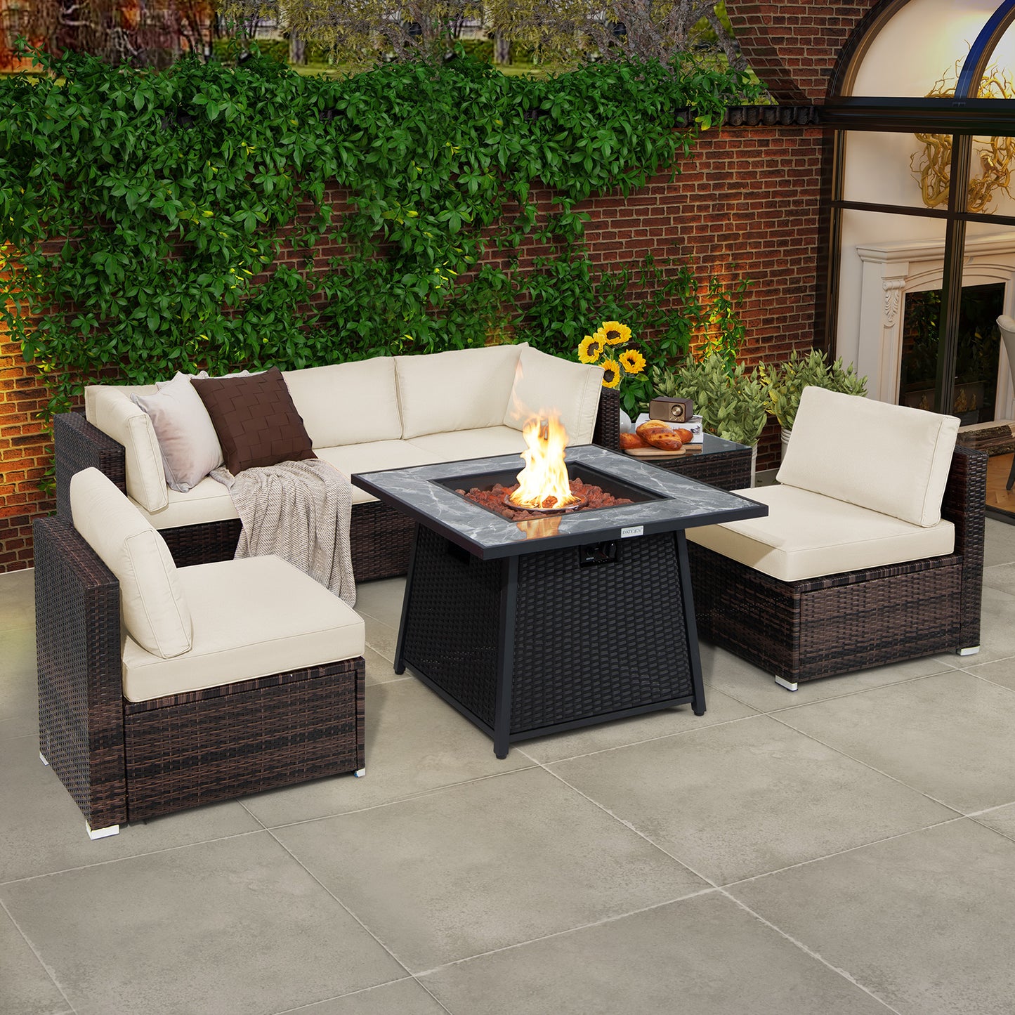 7 Pieces Patio Furniture Set with 35 Inches 50K BTU Propane Gas Fire Pit Table and Waterproof Cover for Fire Pit