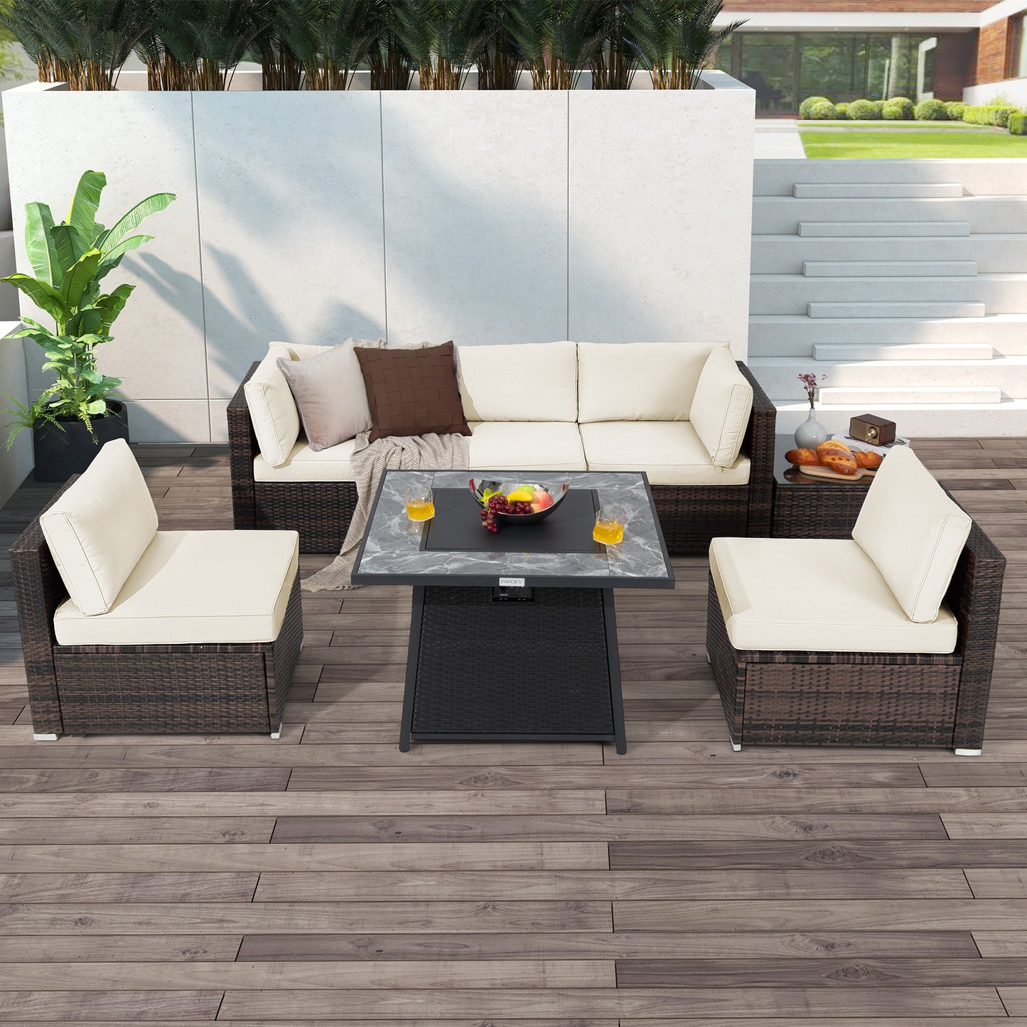 7 Pieces Patio Furniture Set with 35 Inches 50K BTU Propane Gas Fire Pit Table and Waterproof Cover for Fire Pit