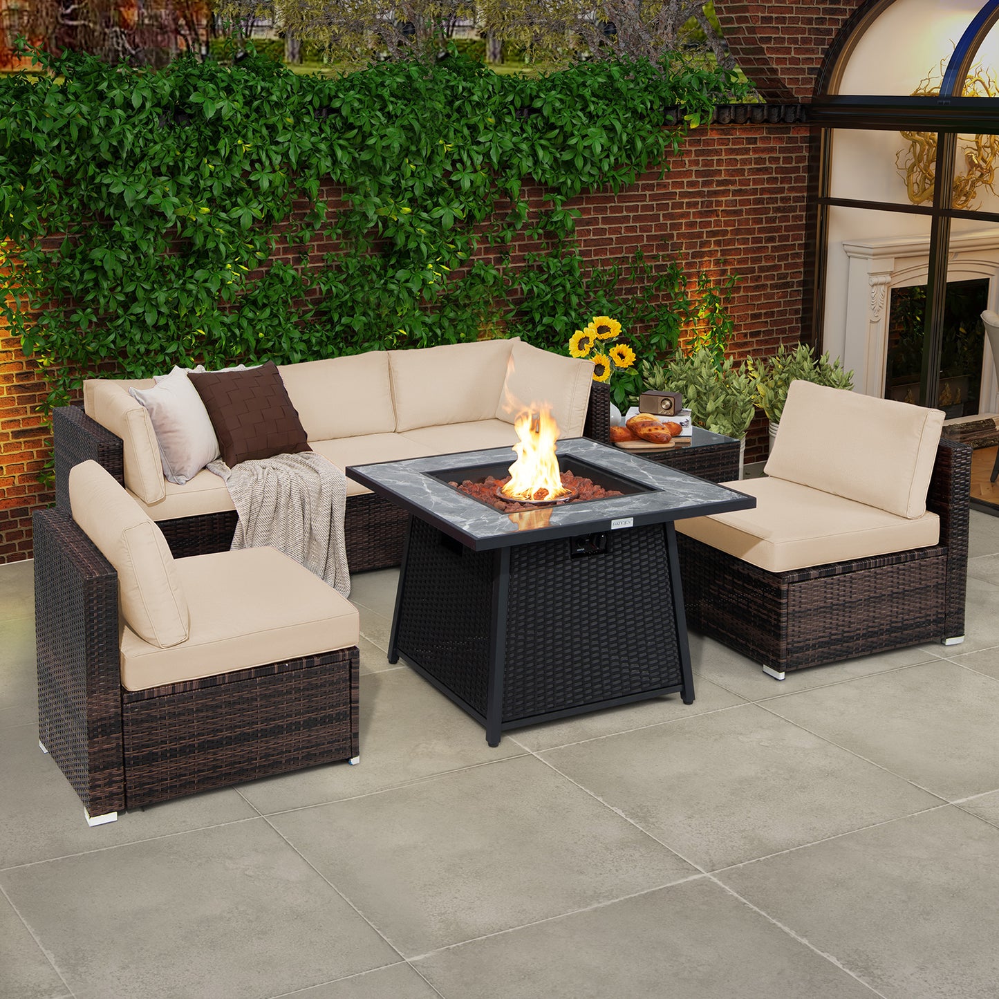 7 Pieces Patio Furniture Set with 35 Inches 50K BTU Propane Gas Fire Pit Table and Waterproof Cover for Fire Pit