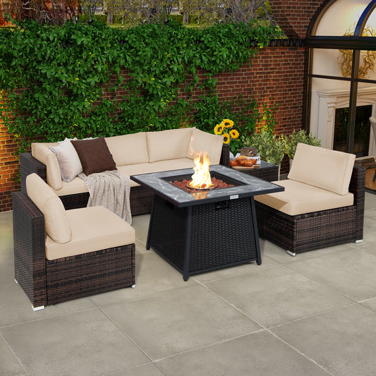 7 Pieces Patio Furniture Set with 35 Inches 50K BTU Propane Gas Fire Pit Table and Waterproof Cover for Fire Pit
