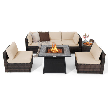 7 Pieces Patio Furniture Set with 35 Inches 50K BTU Propane Gas Fire Pit Table and Waterproof Cover for Fire Pit