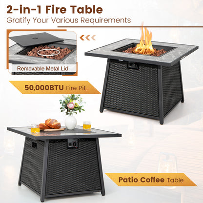 7 Pieces Patio Furniture Set with 35 Inches 50K BTU Propane Gas Fire Pit Table and Waterproof Cover for Fire Pit