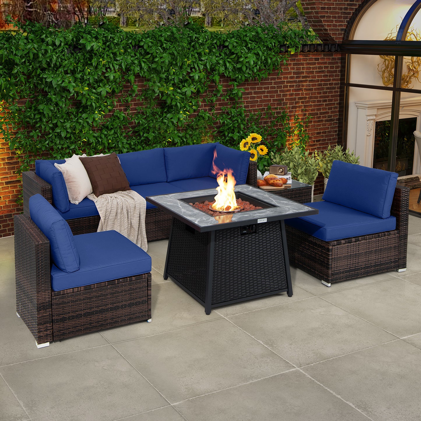 7 Pieces Patio Furniture Set with 35 Inches 50K BTU Propane Gas Fire Pit Table and Waterproof Cover for Fire Pit