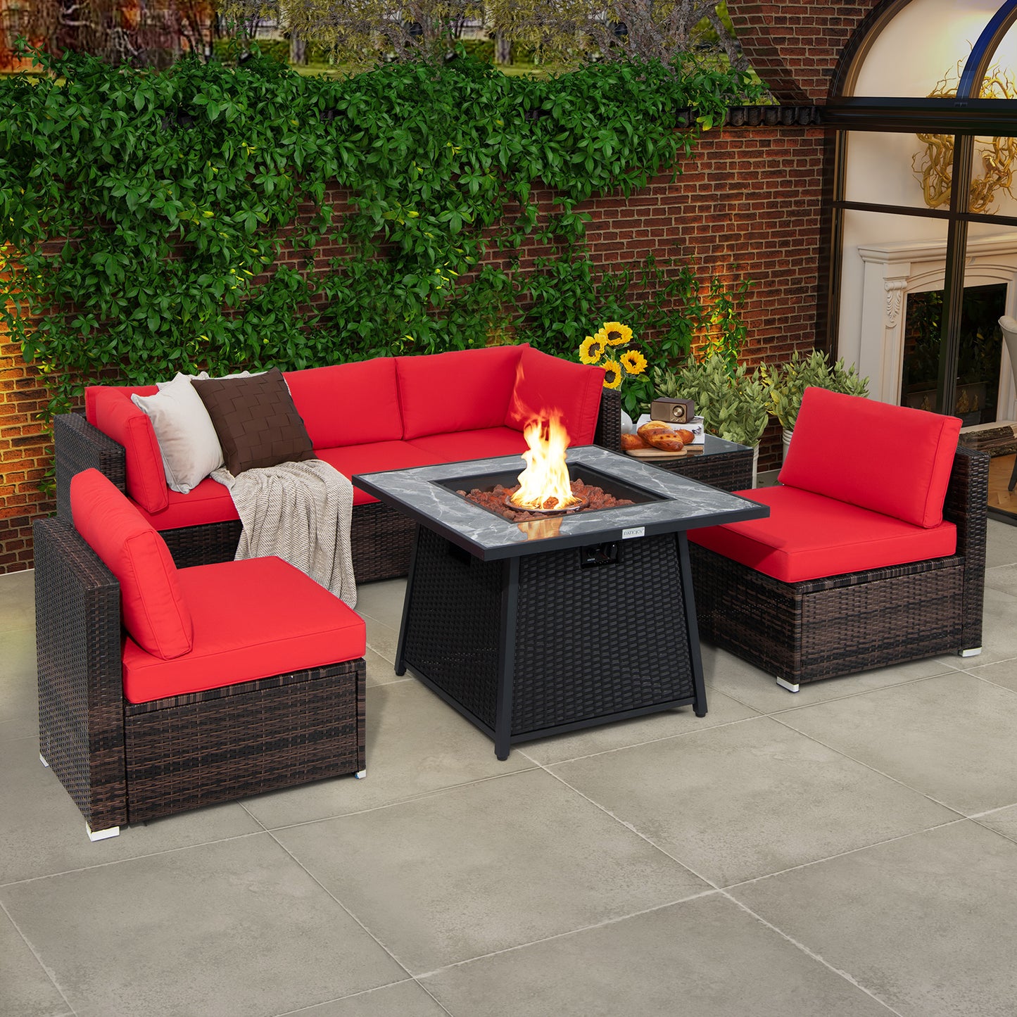 7 Pieces Patio Furniture Set with 35 Inches 50K BTU Propane Gas Fire Pit Table and Waterproof Cover for Fire Pit