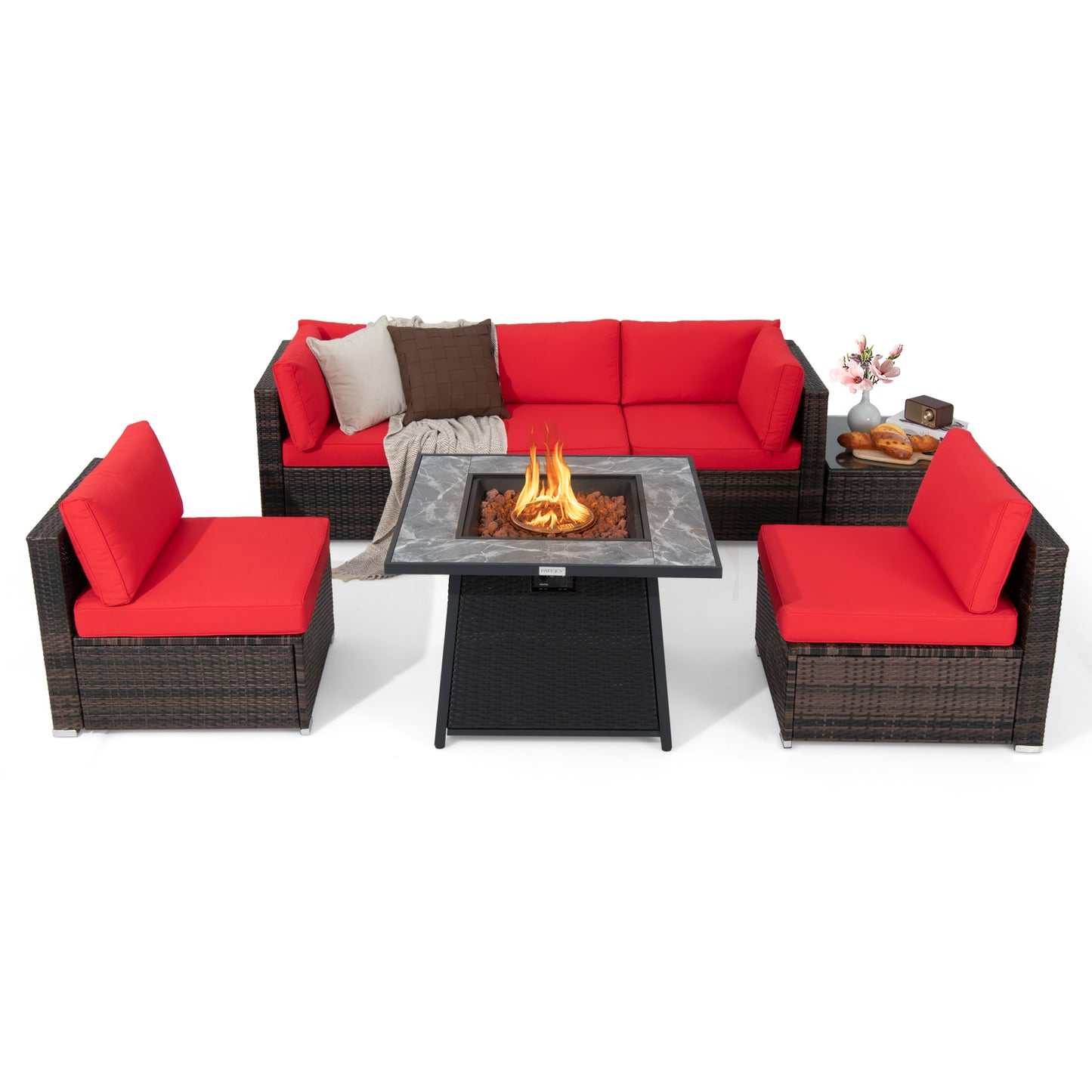 7 Pieces Patio Furniture Set with 35 Inches 50K BTU Propane Gas Fire Pit Table and Waterproof Cover for Fire Pit
