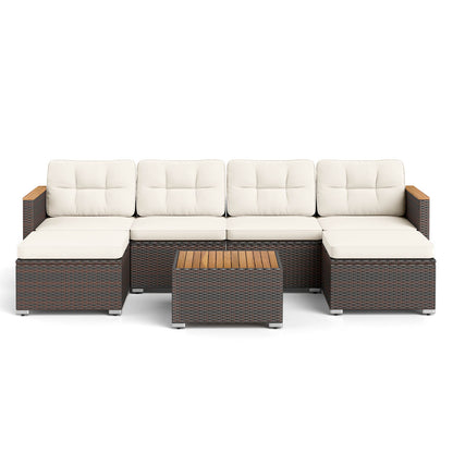 7 Pieces Wicker Conversation Set with Wood Armrests for Backyard-White