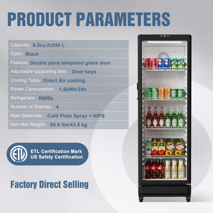 8.5 Cu.Ft Commercial Single Glass Door Beverage Merchandiser Refrigerator