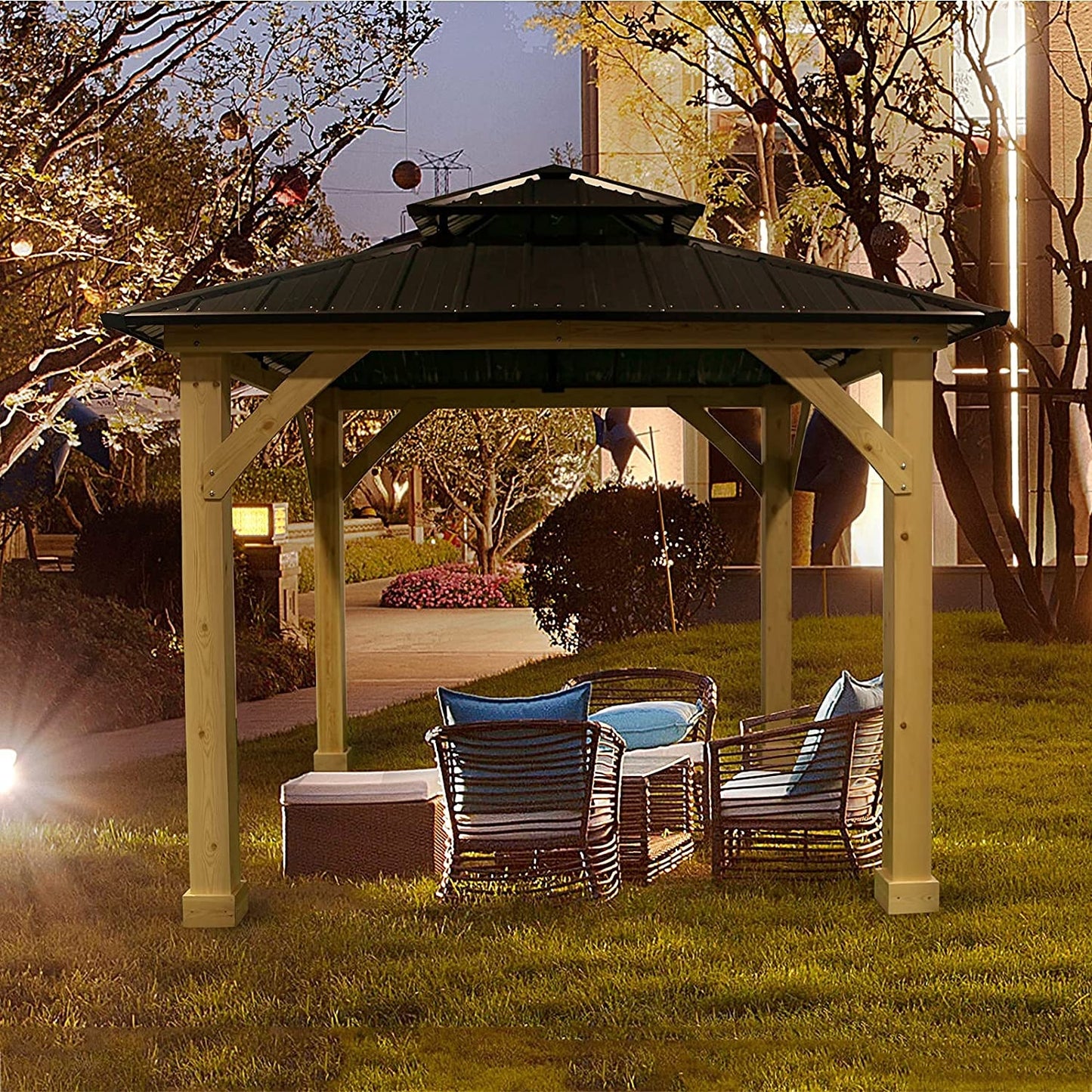 10' x 10' FT Patio Pine Wood Hardtop Gazebo with Double Steel Roof for Outdoor