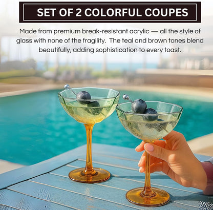 Khen Hexagonal Coupe Glasses Elegant Break Resistant  - Set of 2 Teal + Brown