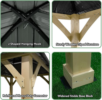 10' x 10' FT Patio Pine Wood Hardtop Gazebo with Double Steel Roof for Outdoor