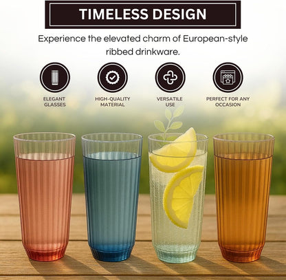 Khen Shatterproof Acrylic Ribbed Drinking Glasses Set | Set of 4