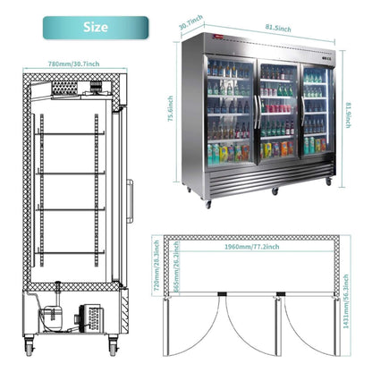 82" Commercial Stainless Steel Upright Display 3 Section Merchandiser Refrigerator