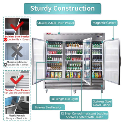 82" Commercial Stainless Steel Upright Display 3 Section Merchandiser Refrigerator