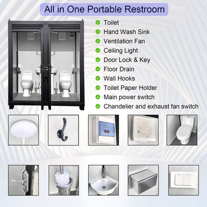 82" Two-Person Portable Outdoor Toilet Cabin with Light, Sink, and Fan