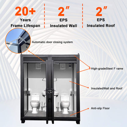 82" Two-Person Portable Outdoor Toilet Cabin with Light, Sink, and Fan