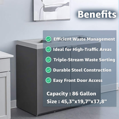 86-Gallon Heavy-Duty Commercial Steel Three-Stream Trash Can Cabinet
