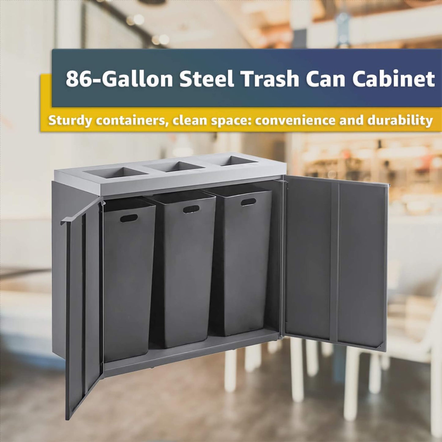 86-Gallon Heavy-Duty Commercial Steel Three-Stream Trash Can Cabinet