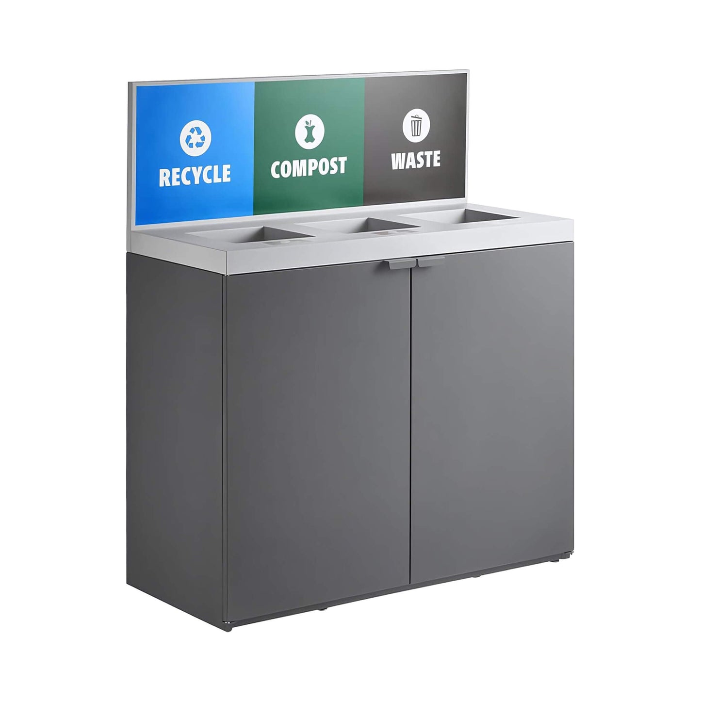 86-Gallon Heavy-Duty Commercial Steel Three-Stream Trash Can Cabinet with Panel
