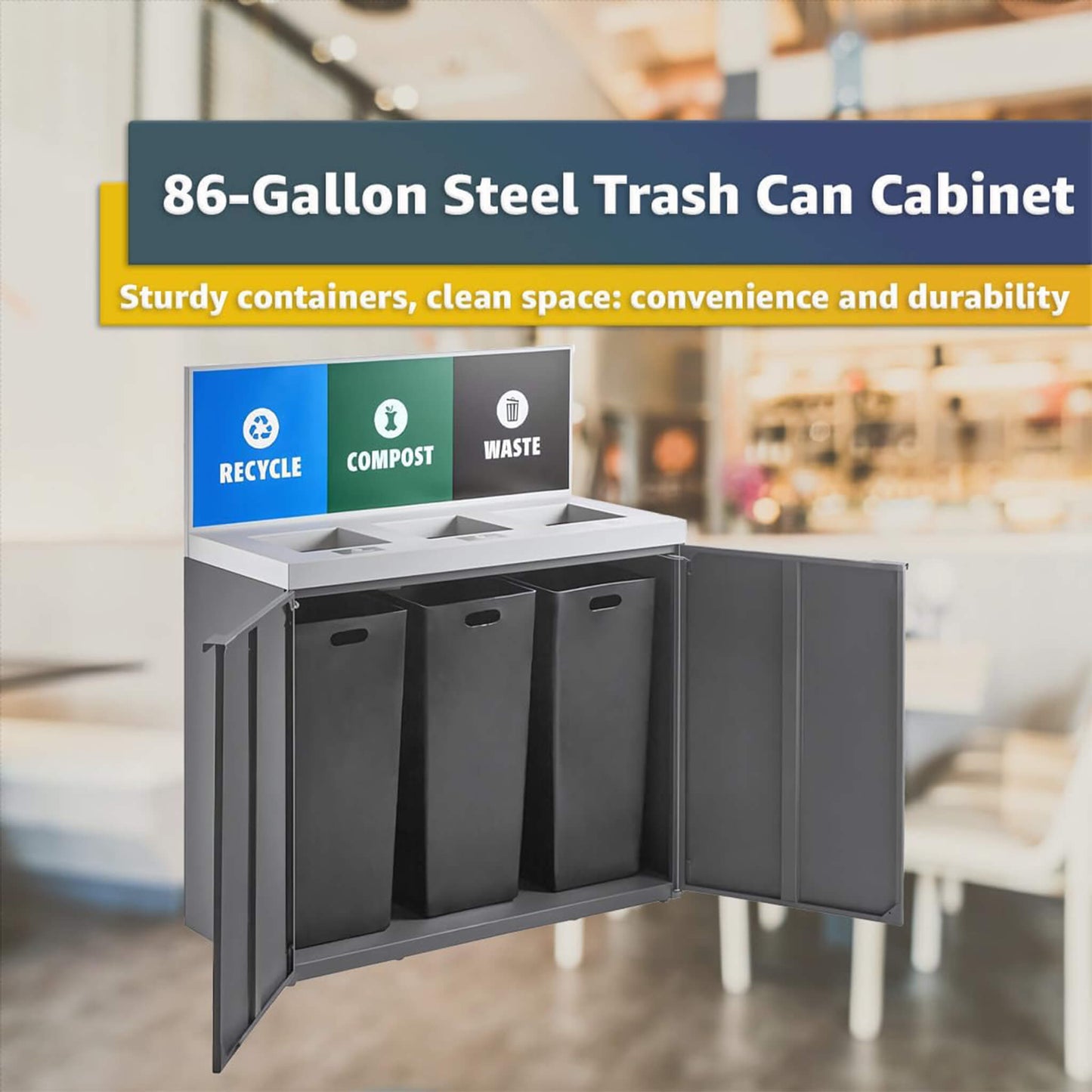 86-Gallon Heavy-Duty Commercial Steel Three-Stream Trash Can Cabinet with Panel