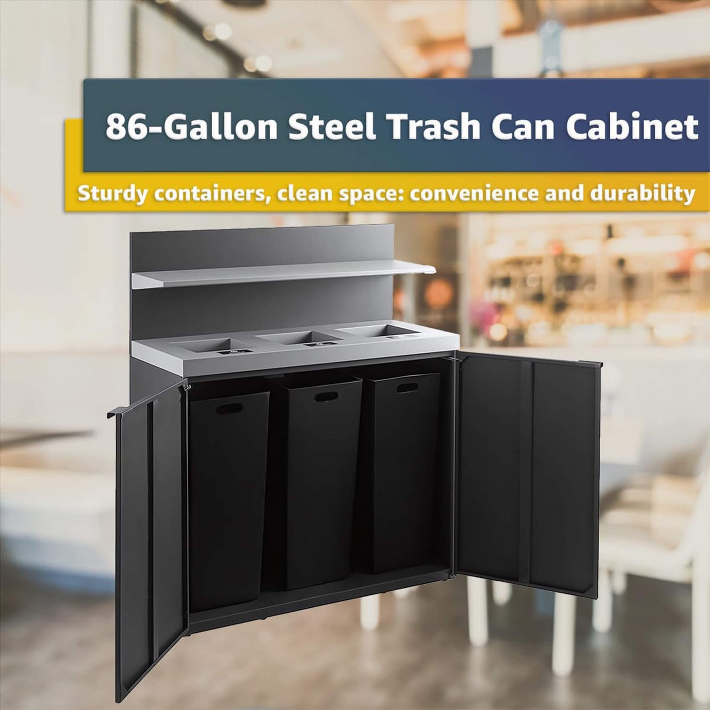 86-Gallon Heavy-Duty Commercial Steel Three-Stream Trash Can Cabinet with Tray Holder