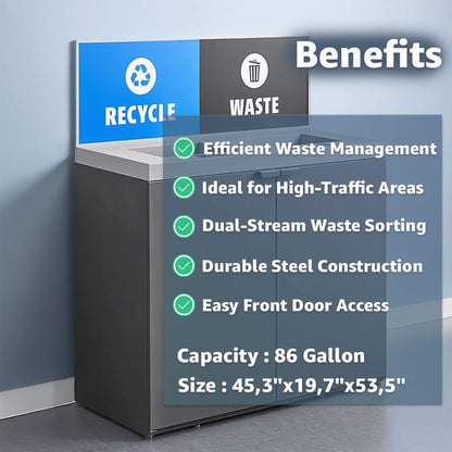86-Gallon Heavy-Duty Commercial Steel Two-Stream Trash Can Cabinet with Panel