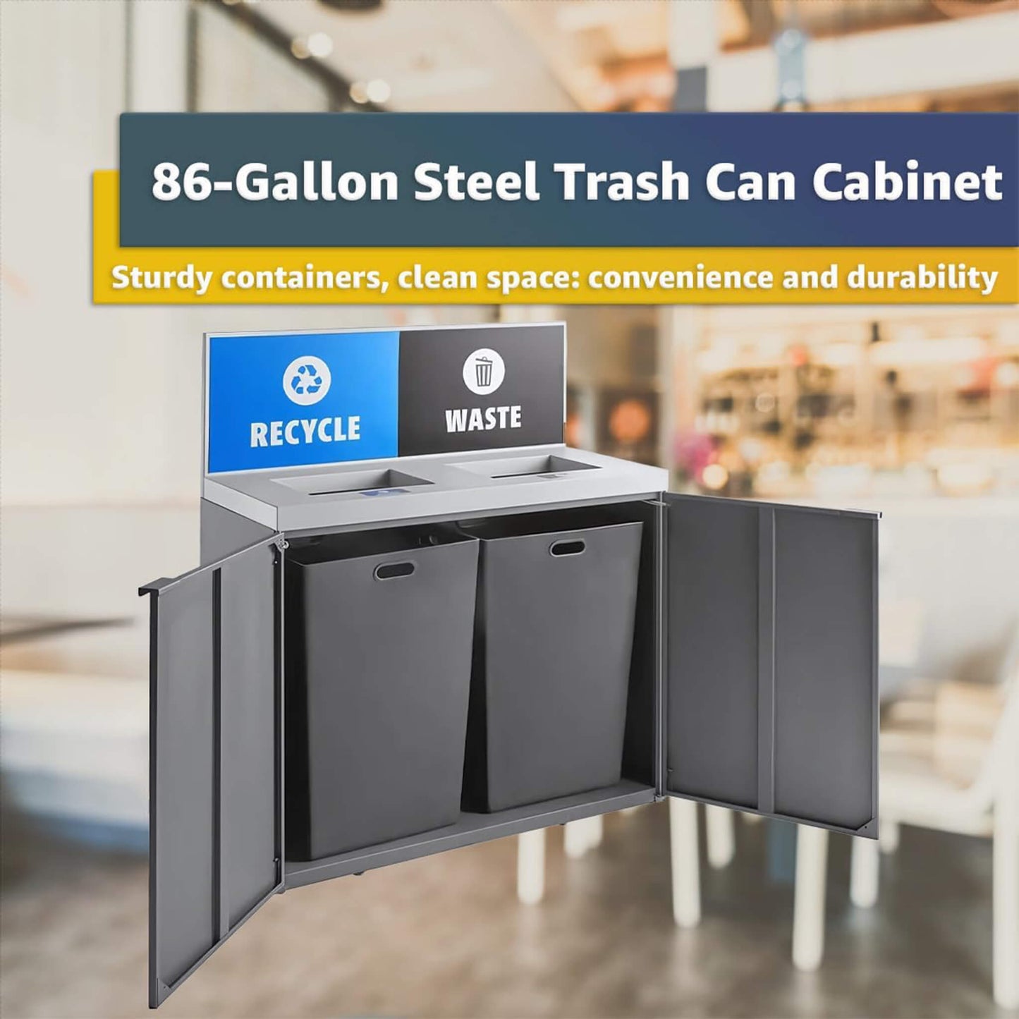 86-Gallon Heavy-Duty Commercial Steel Two-Stream Trash Can Cabinet with Panel