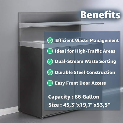 86-Gallon Heavy-Duty Commercial Steel Two-Stream Trash Can Cabinet with Tray Holder