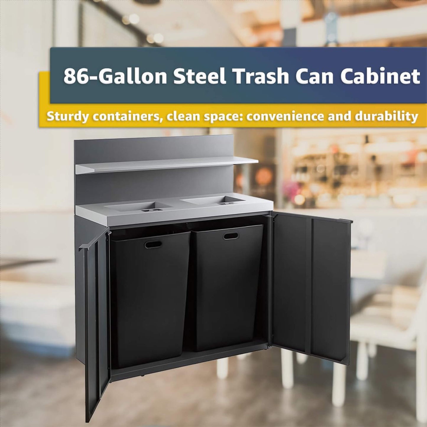 86-Gallon Heavy-Duty Commercial Steel Two-Stream Trash Can Cabinet with Tray Holder