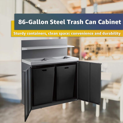 86-Gallon Heavy-Duty Commercial Steel Two-Stream Trash Can Cabinet with Tray Holder