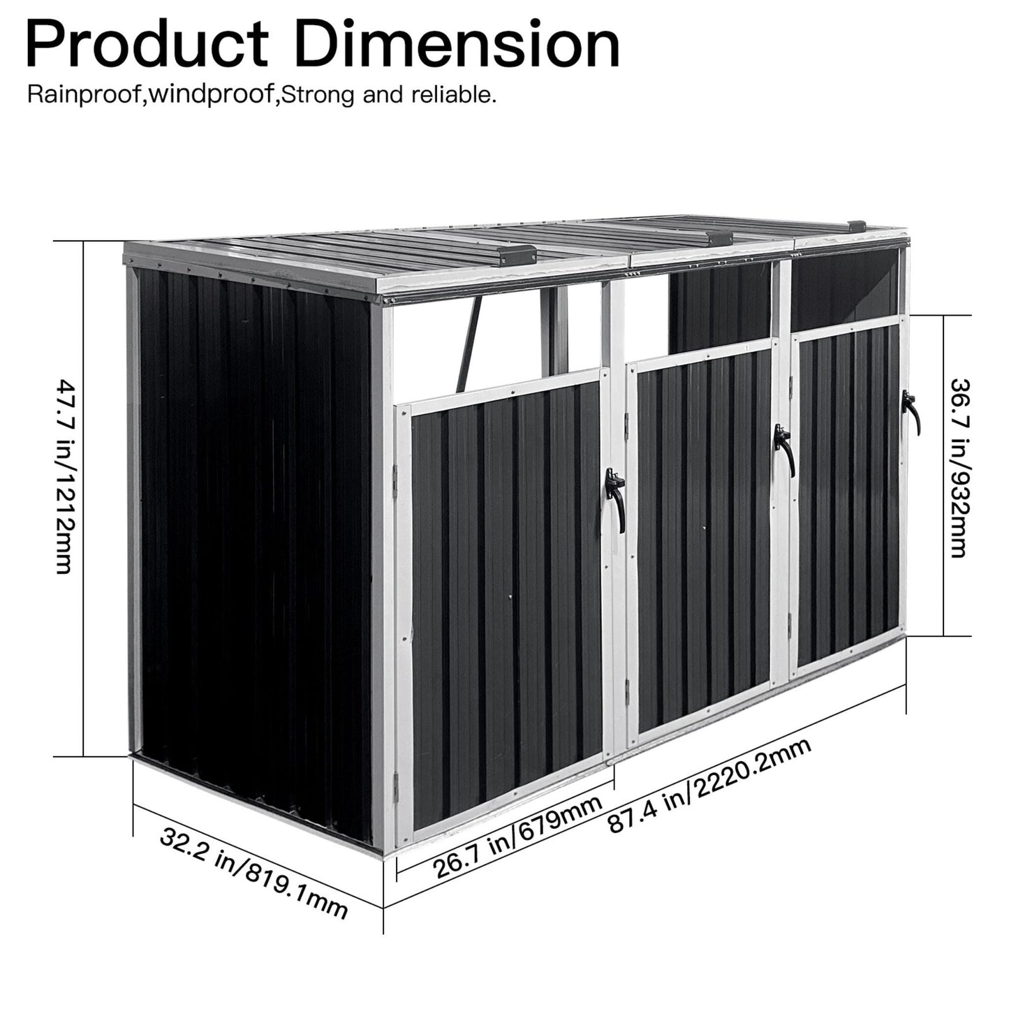 87-Inch Extra Large Heavy-Duty Outdoor Metal Garbage Bin Shed for 3 Trash Cans