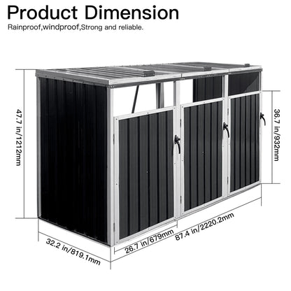 87-Inch Extra Large Heavy-Duty Outdoor Metal Garbage Bin Shed for 3 Trash Cans