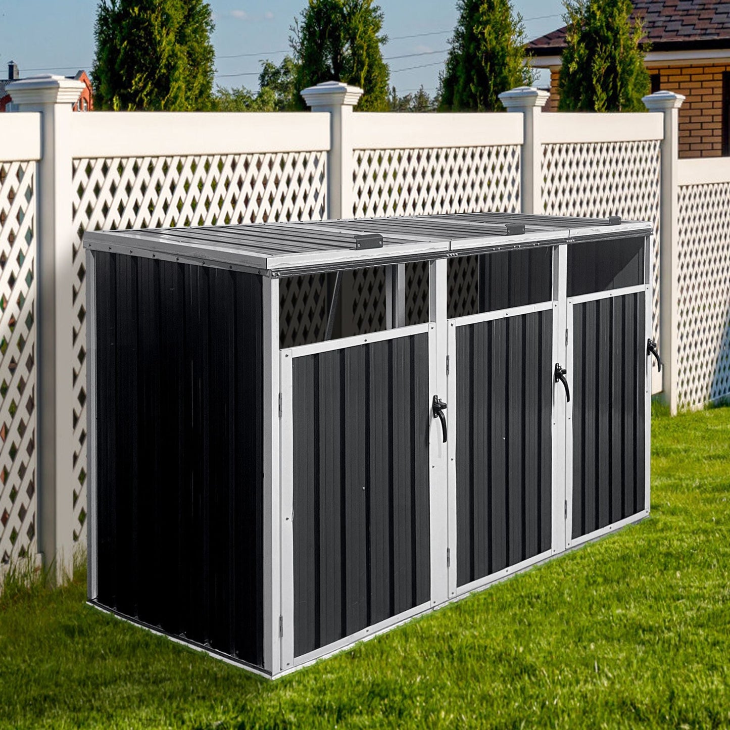 87-Inch Extra Large Heavy-Duty Outdoor Metal Garbage Bin Shed for 3 Trash Cans