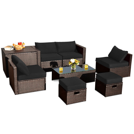 8 Pieces Patio Space-Saving Rattan Furniture Set with Storage Box and Waterproof Cover - Black