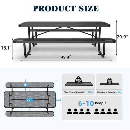8ft Rectangle Picnic Table with Umbrella Hole