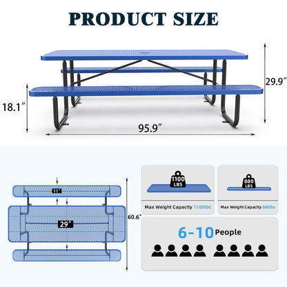 8ft Rectangle Picnic Table with Umbrella Hole